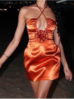 Miss Circle Satin Orange Satin Strappy Halter Neck Dress - US 4